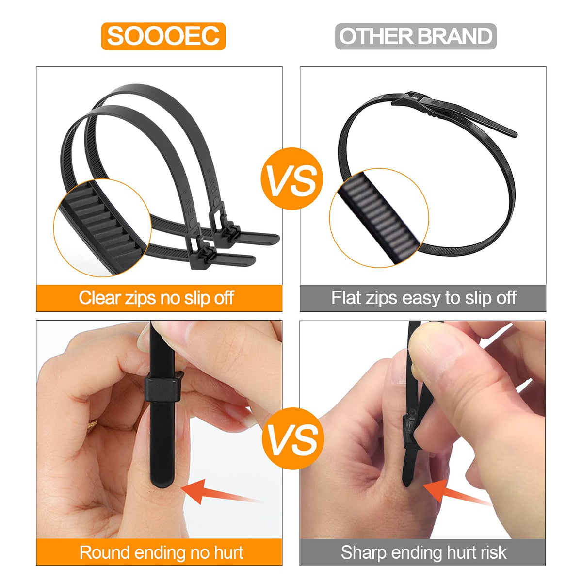 SOOoEC UV-resistant black zip ties withstand sun and weather for outdoor setups.