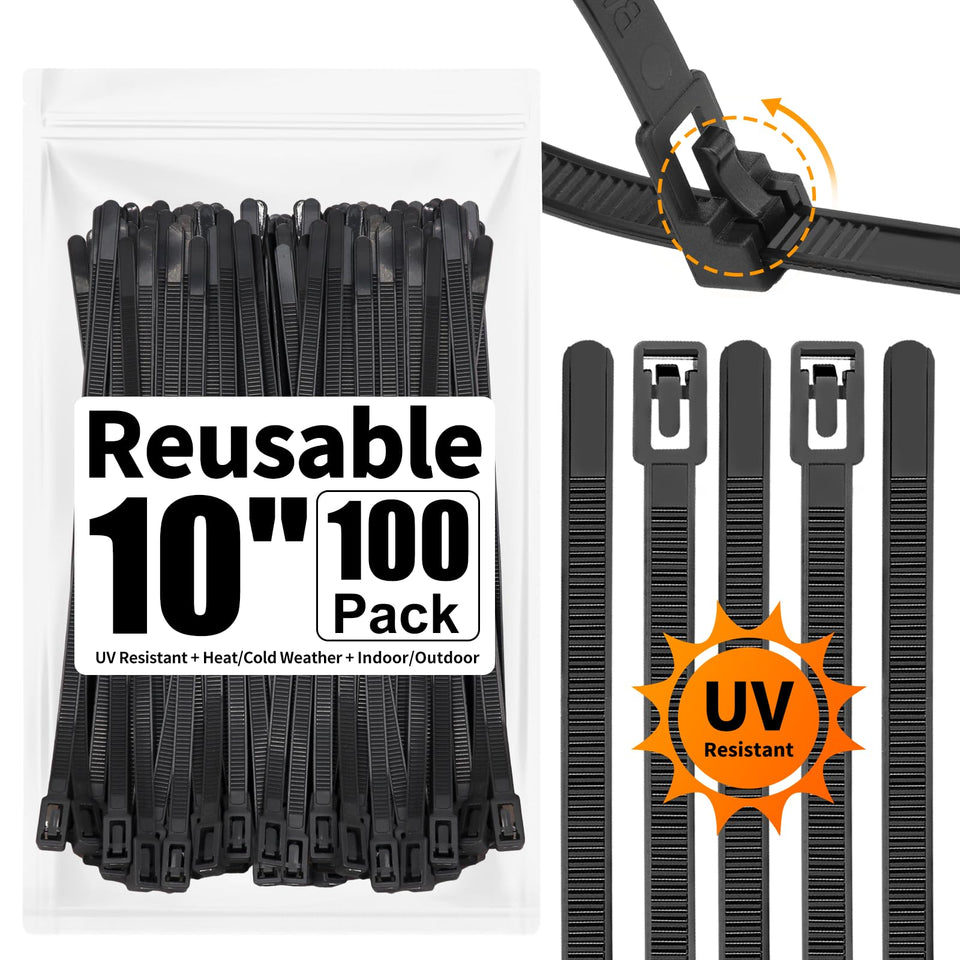 SOOOEC 10-inch heavy-duty zip tie for outdoor use and UV resistance.