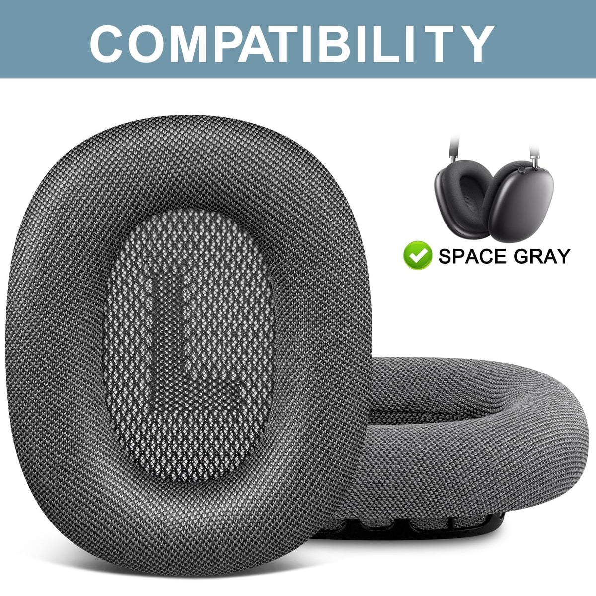 SOPROM AirPods Max cushions close-up showing precise fit and mesh fabric