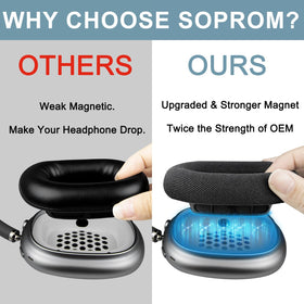 SOPROM ear pads close-up highlights breathable mesh and premium stitching.