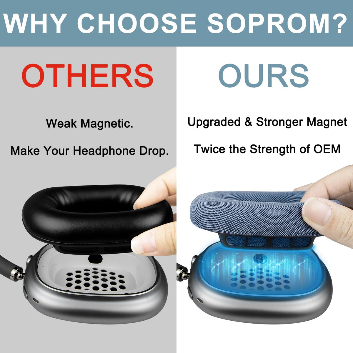 Strong magnet closeup on SOPROM ear pads for secure attachment