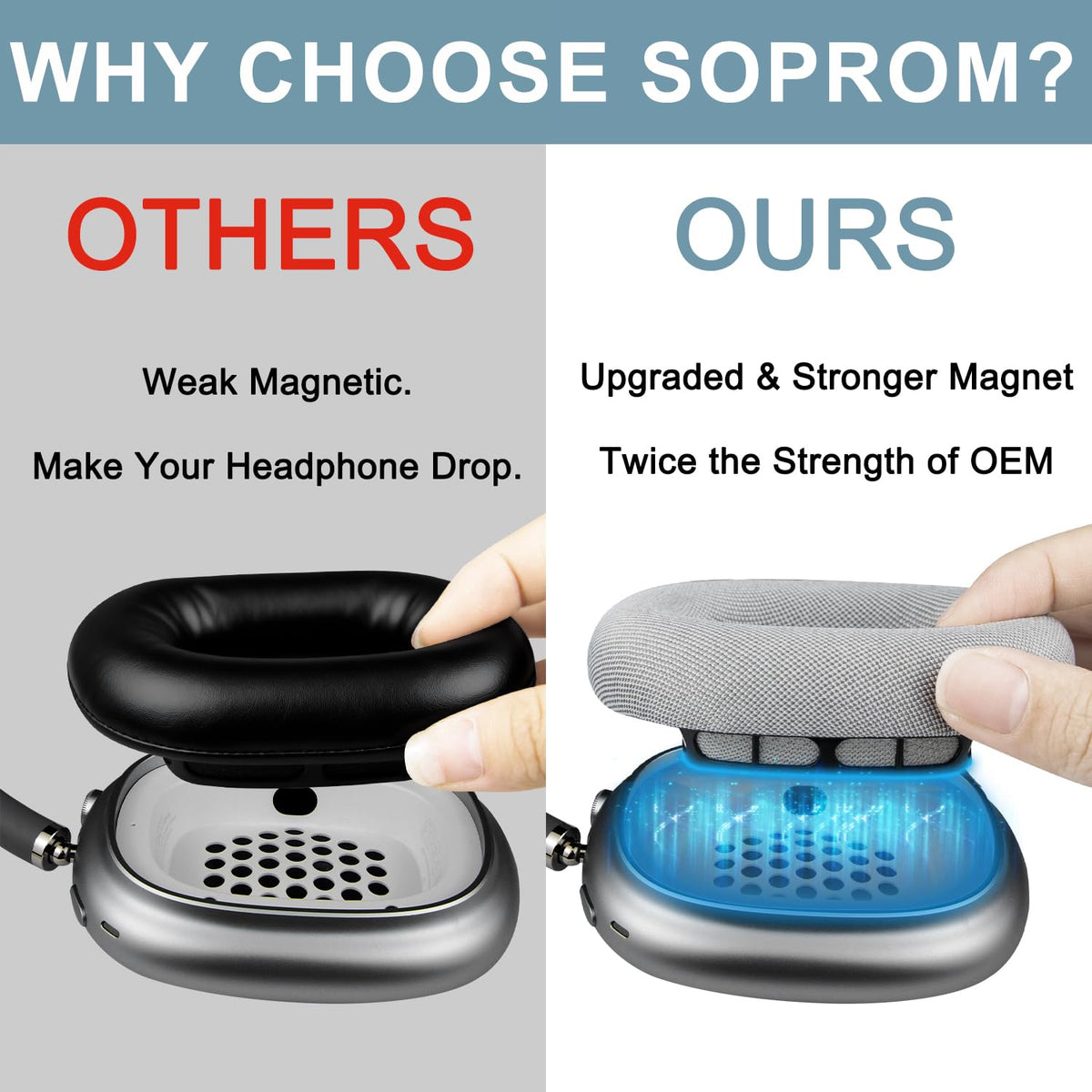 SOPROM AirPods Max ear pads providing improved noise isolation.