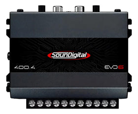 SounDigital 400W 4-channel amplifier front view showing compact design for easy install.