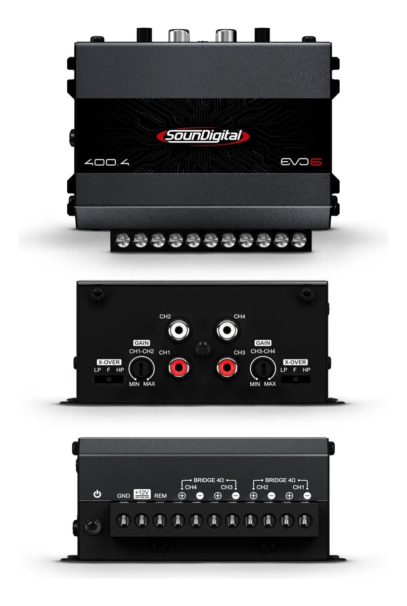 SounDigital 400W 4-channel amplifier metal casing emphasizing rugged durability.