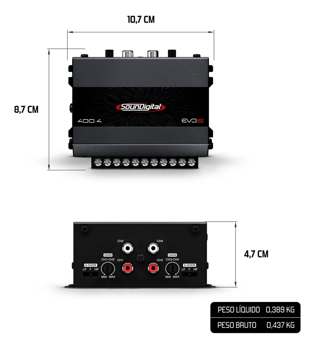 SounDigital 400W 4-channel amplifier rear panel with flexible input/output options for wiring.
