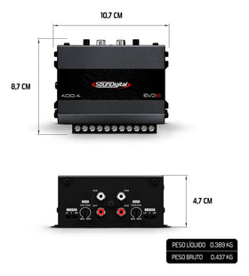 SounDigital 400W 4-channel amplifier rear panel with flexible input/output options for wiring.