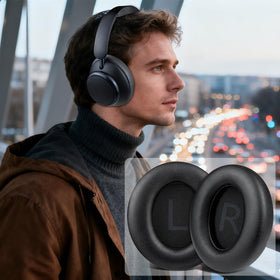 SOULWIT ear pads on headphones in commuter bag illustrating travel-ready comfort