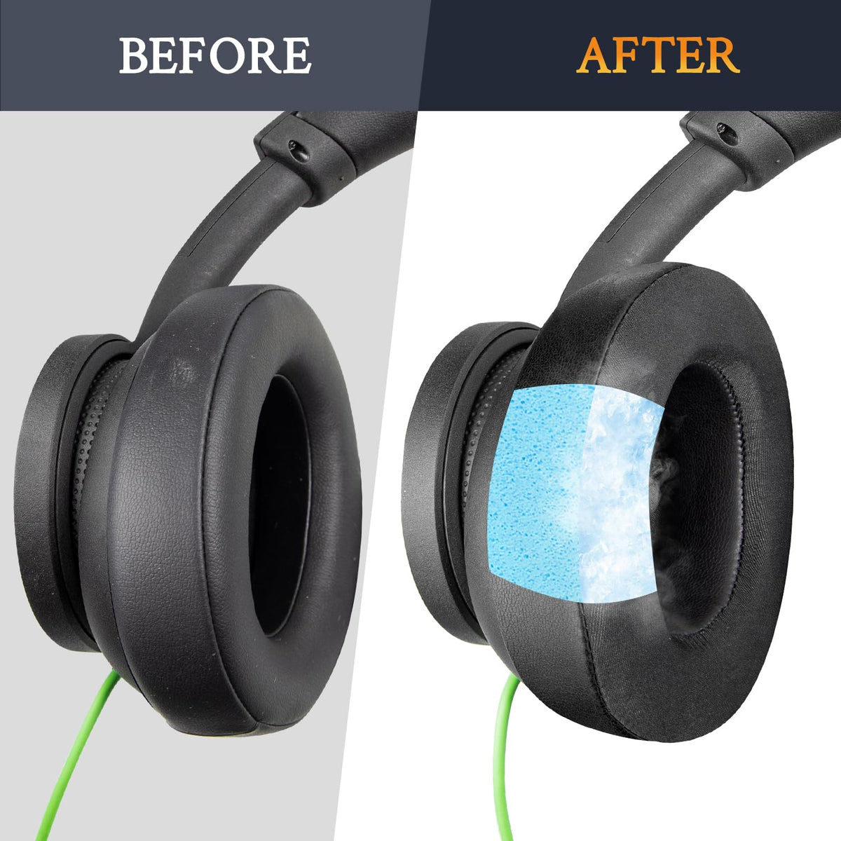 SOULWIT earpads on headset side-by-side show snug, secure fit.