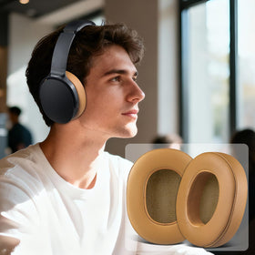 SOULWIT earpads brown protein leather close-up highlighting durable foam detail.