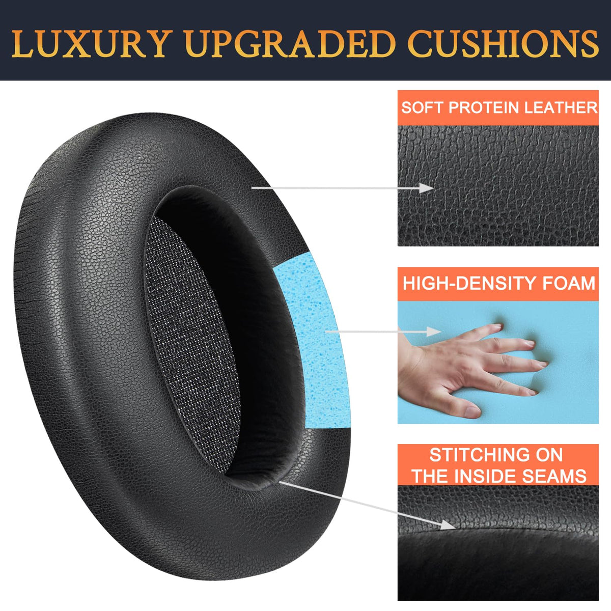 SOULWIT stitching detail on Sony WH-XB910N earpads shows reinforced seams for durability