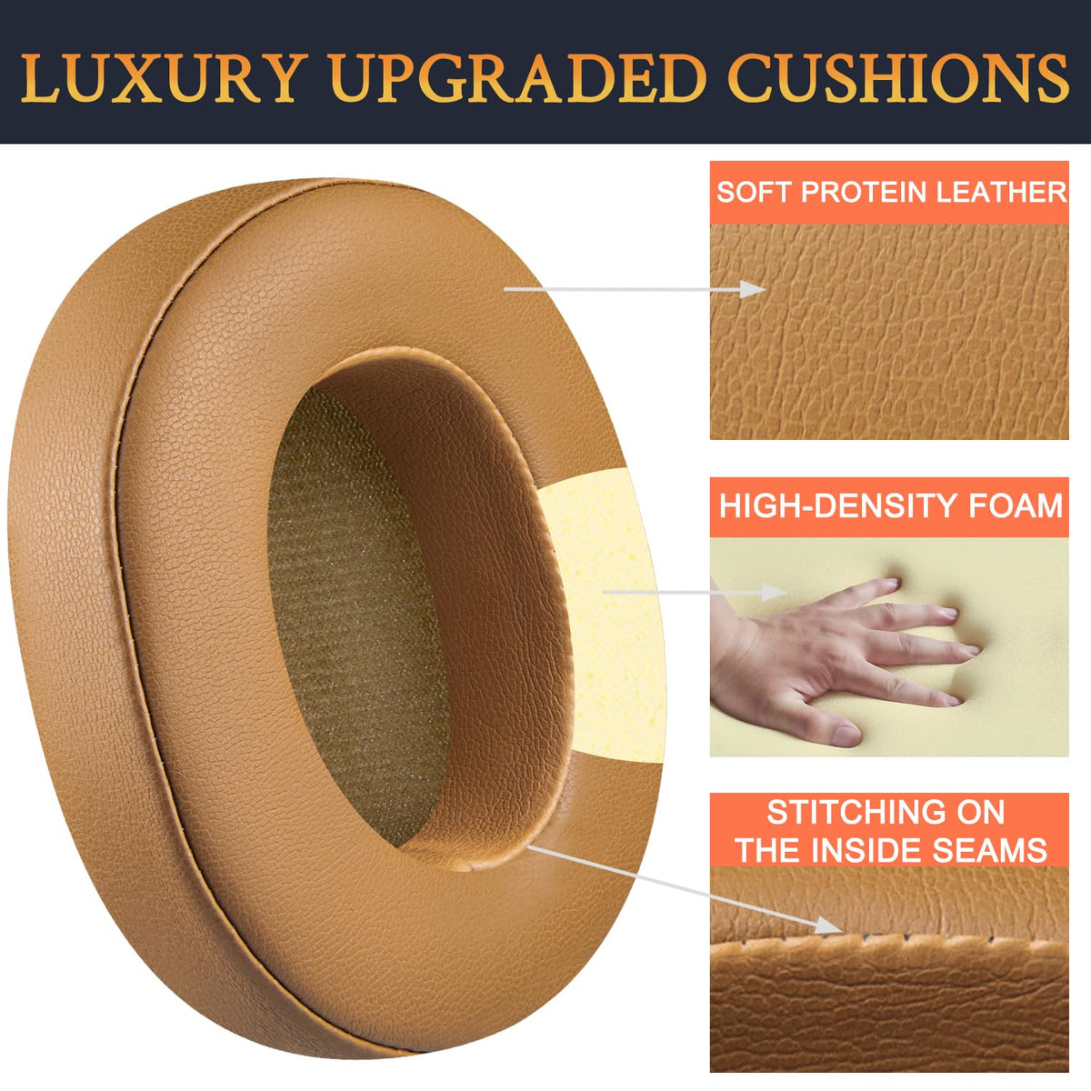 SOULWIT Venue ANC earpads in brown protein leather, close-up of surface texture.