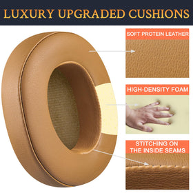 SOULWIT Venue ANC earpads in brown protein leather, close-up of surface texture.