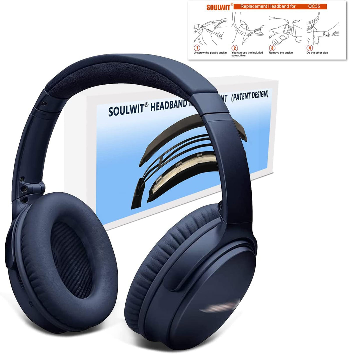 SOULWIT headband for Bose QC35 blue replacement pad detail emphasizes durability
