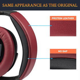 Front view of the burgundy SOULWIT headband cover on headphones.