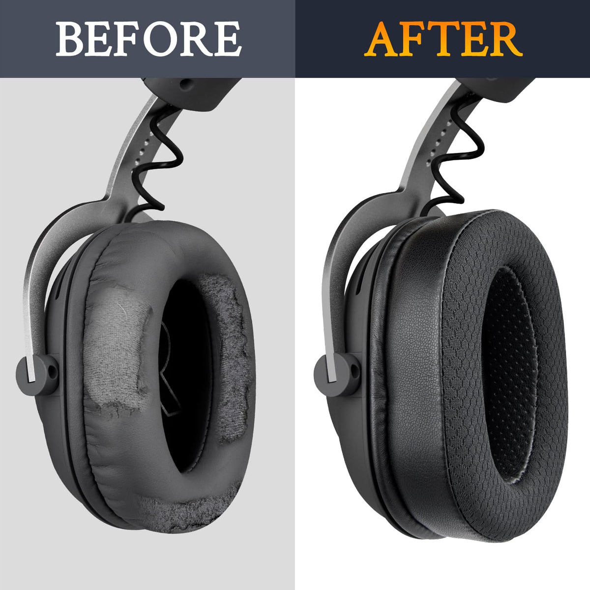 SOULWIT installation guide showing easy earpad replacement on compatible headsets.