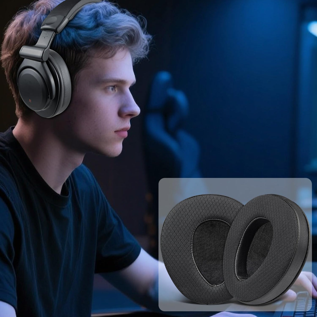 SOULWIT earpads on headphones in desk setup showing improved comfort during use