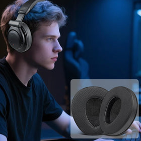 SOULWIT earpads on headphones in desk setup showing improved comfort during use