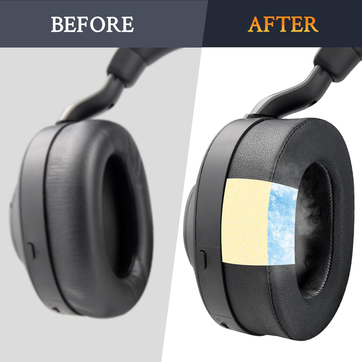 Old ear pads removed beside new SOULWIT replacements