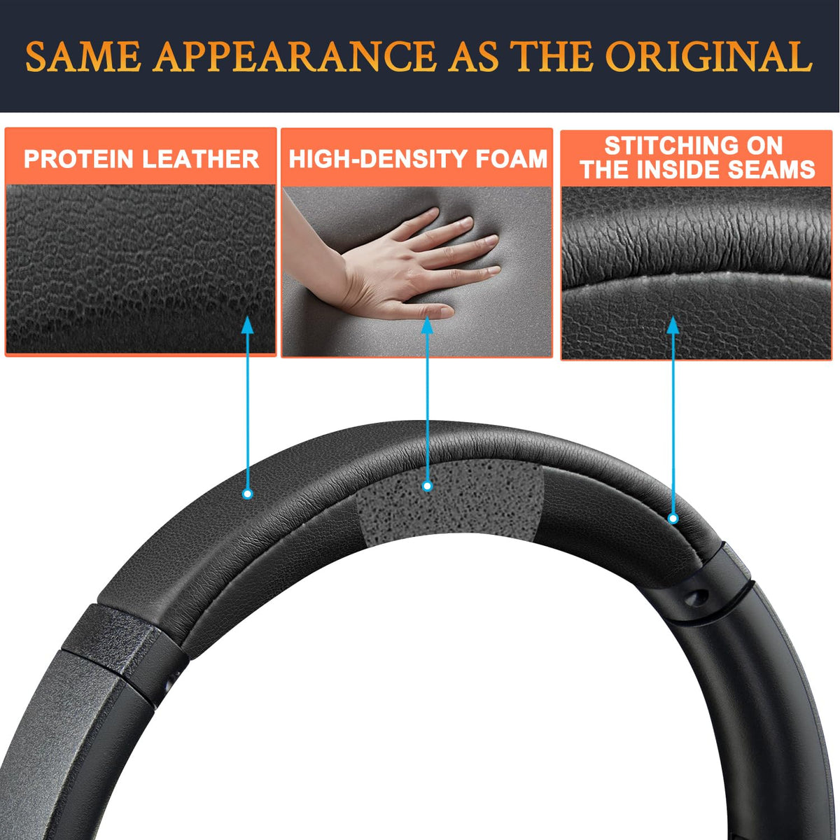 SOULWIT headband stitching on WH-XB910N demonstrates durable protein leather