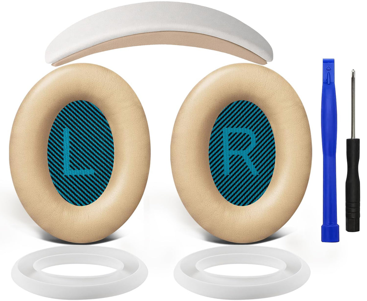 SOULWIT QC25 beige earpads close-up showing soft protein leather and enhanced comfort