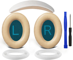 SOULWIT QC25 beige earpads close-up showing soft protein leather and enhanced comfort