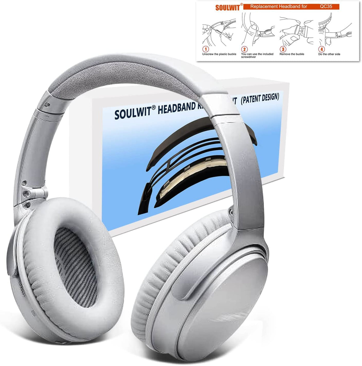 SOULWIT QC35 II headband in silver improves fit and durability.