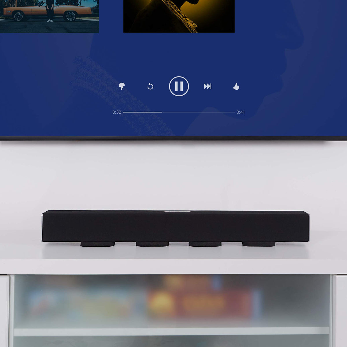 Sound Addicted pads installed on TV stand reduce rattles during playback