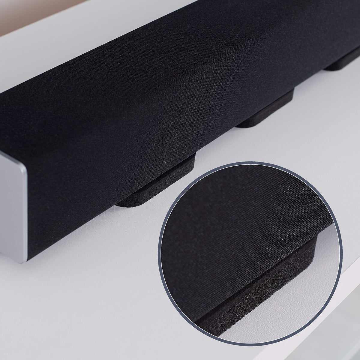 Sound Addicted pads next to ruler show dimensions and fit for shelves