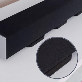 Sound Addicted pads next to ruler show dimensions and fit for shelves