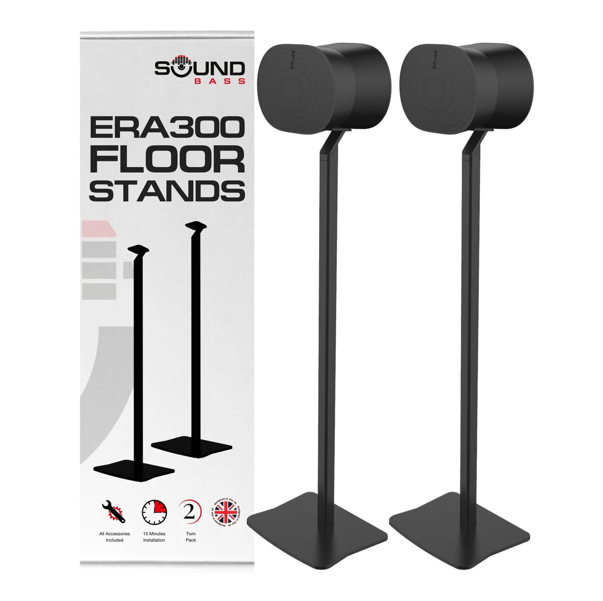 Sound Bass ERA300 floor stand front view demonstrates height for optimal listening.