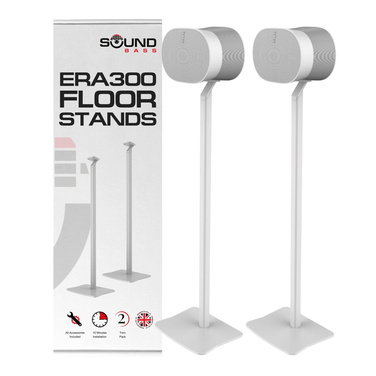 Sound Bass ERA300 floor stand twin pack white elevating speakers for balanced listening
