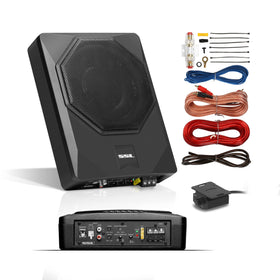 Sound Storm Laboratories US8K front view showing low-profile enclosure and woofer, space-saving benefit