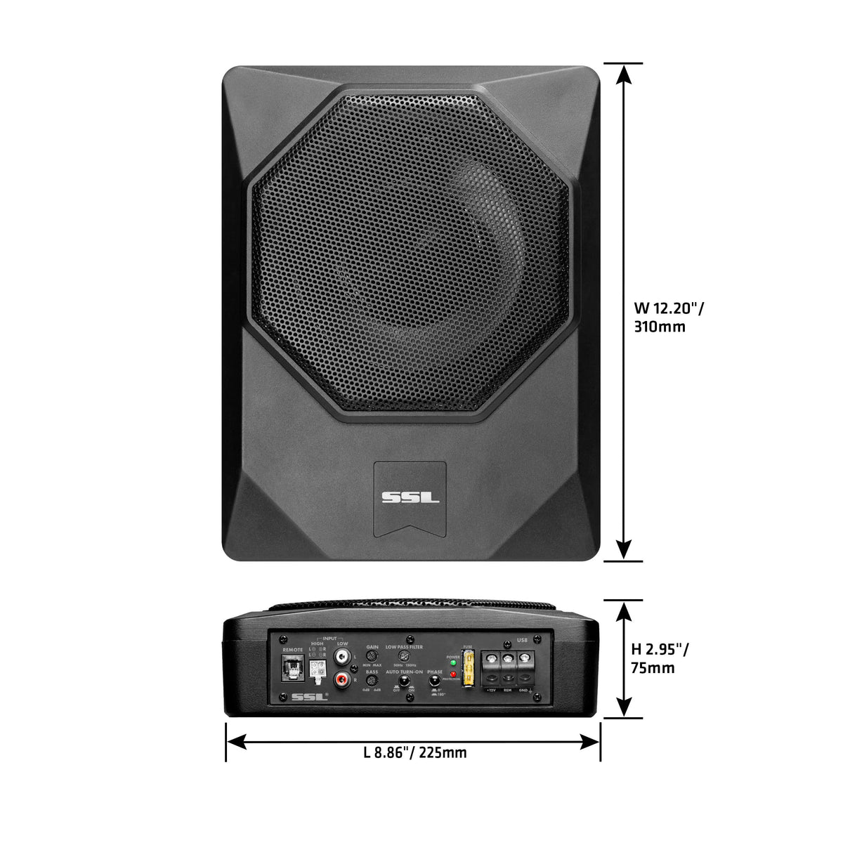 Sound Storm Laboratories US8K next to a ruler for size comparison demonstrating compact footprint