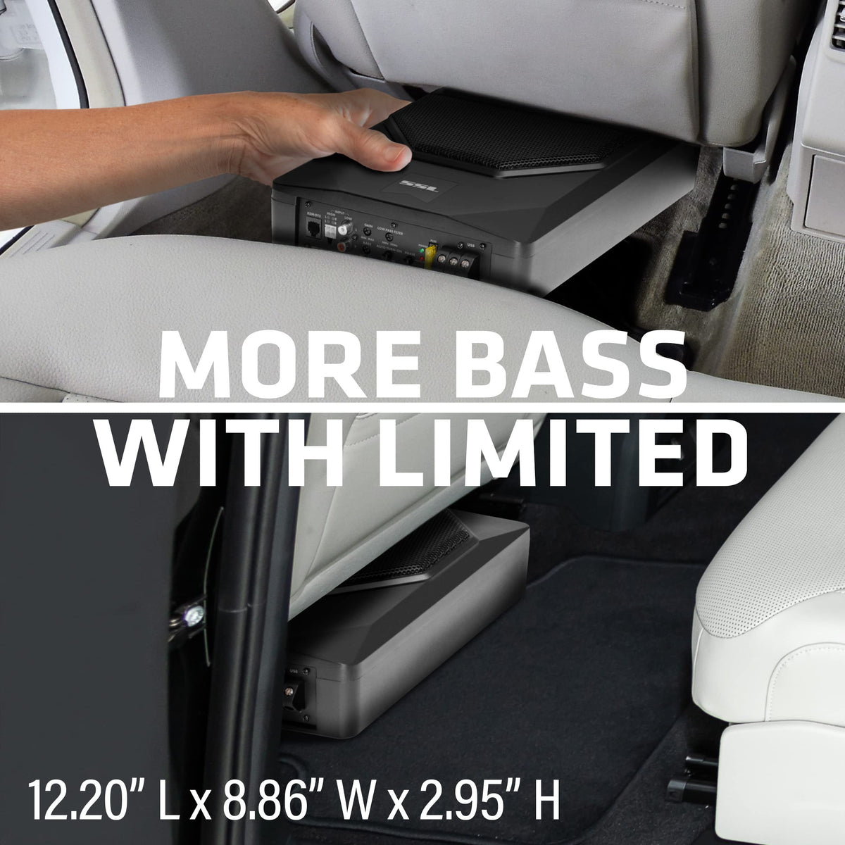 Sound Storm Laboratories US8K installed under a truck seat, providing compact bass without losing cargo space