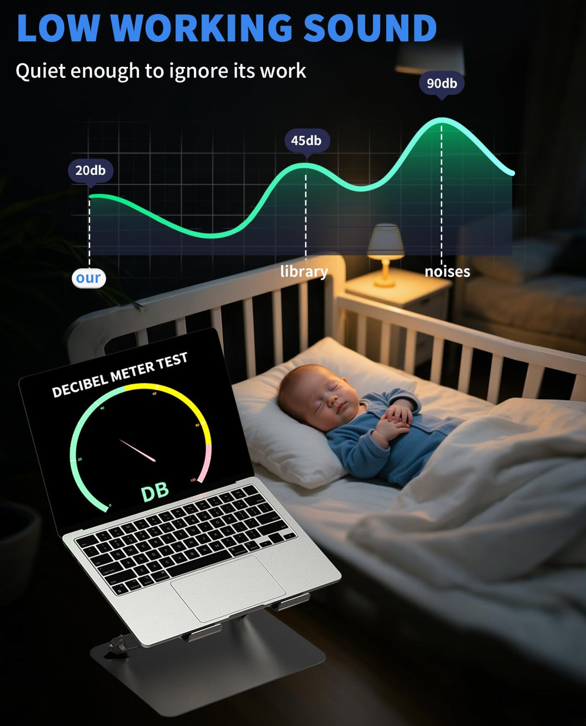 SOUNDANCE laptop on stand at home desk, enhances comfort during long use