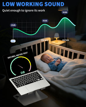 SOUNDANCE laptop on stand at home desk, enhances comfort during long use
