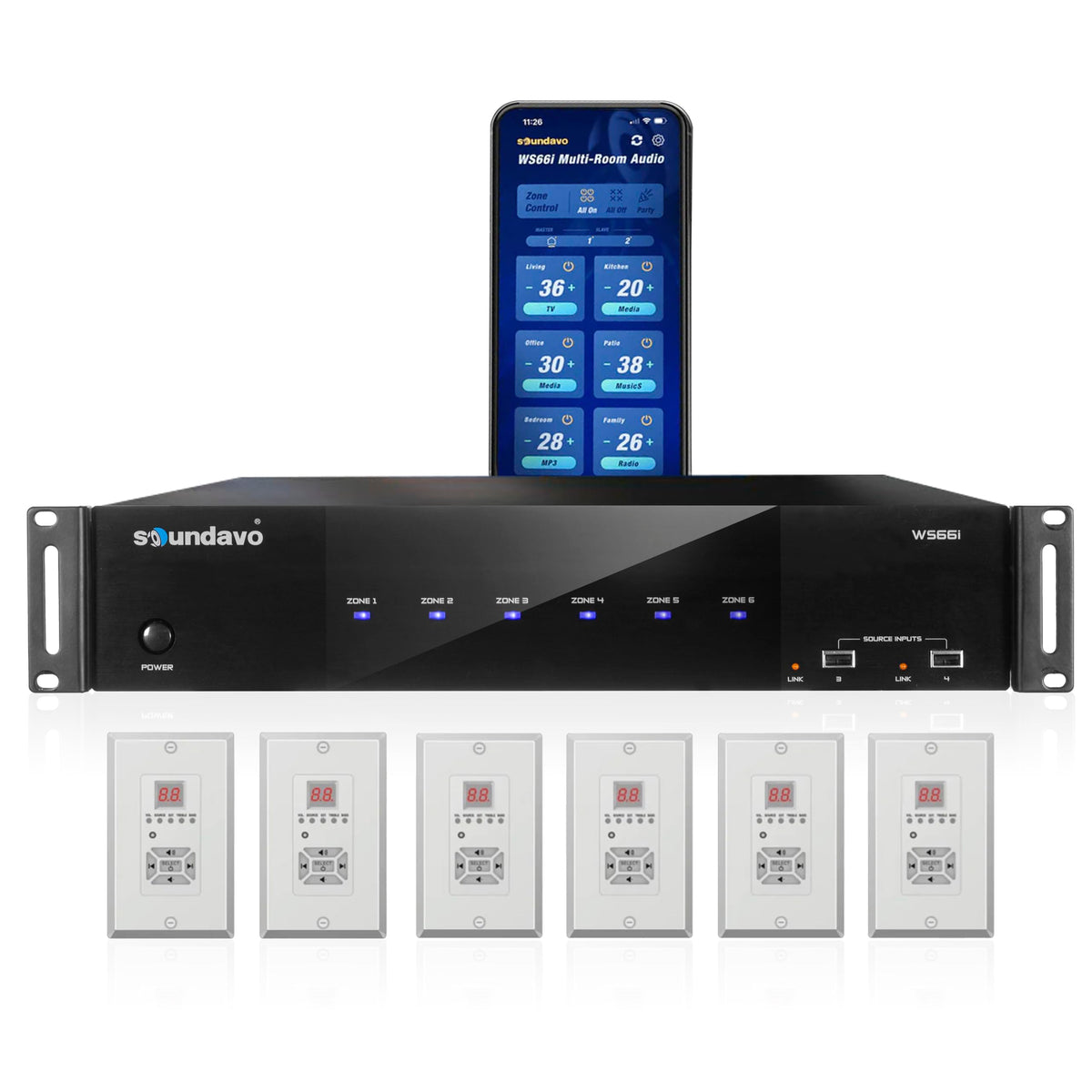 Soundavo WS66i front panel with zone controls for multi-room audio.