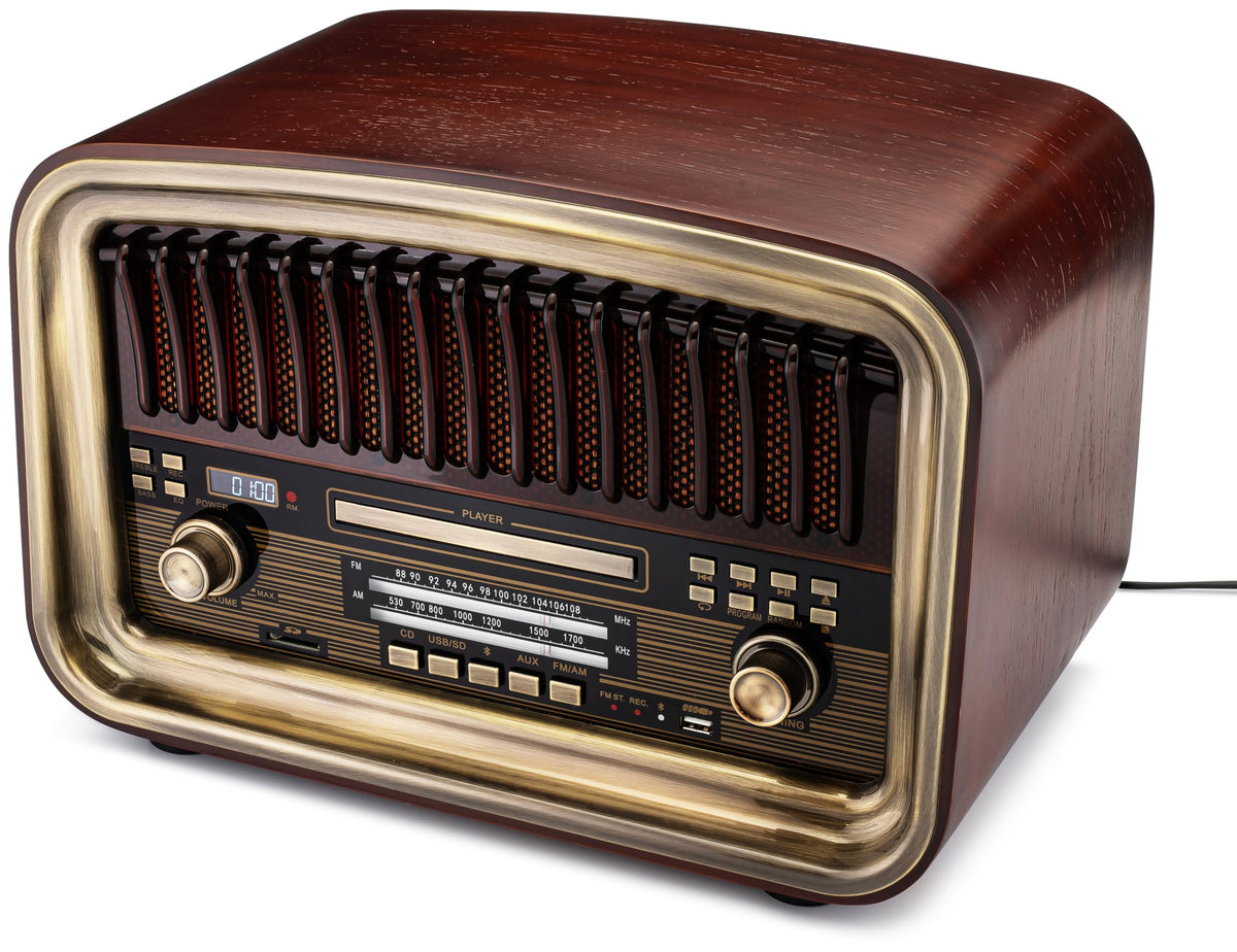 SoundBeast all-in-one radio front view with handmade wood exterior adds warm ambiance