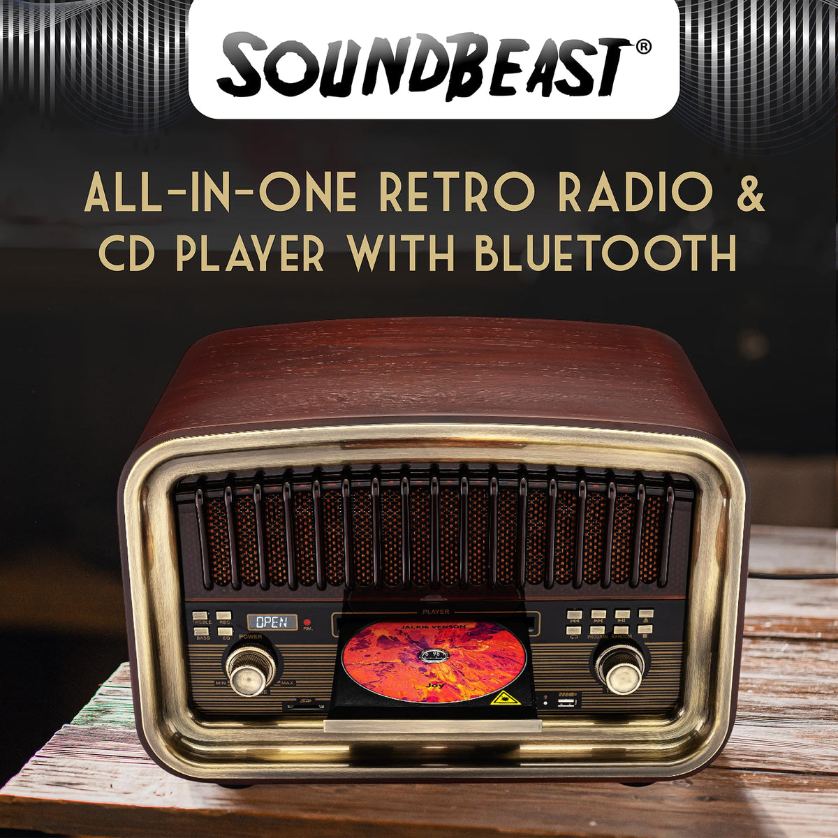SoundBeast all-in-one radio side view shows real wood finish, ideal for cozy spaces