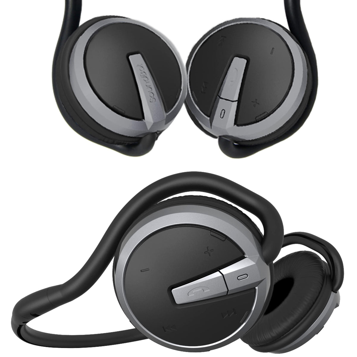 Soundbot SB221 front view showing sleek black design and secure fit benefit