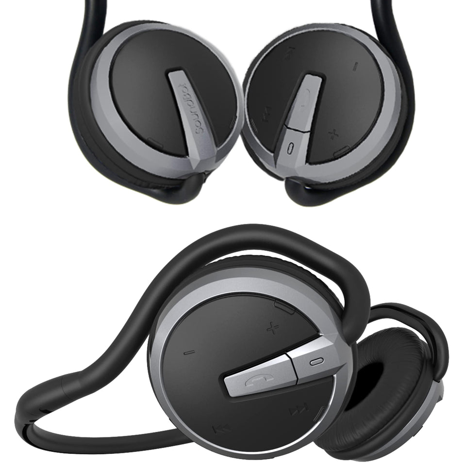 Soundbot SB221 front view showing sleek black design and secure fit benefit