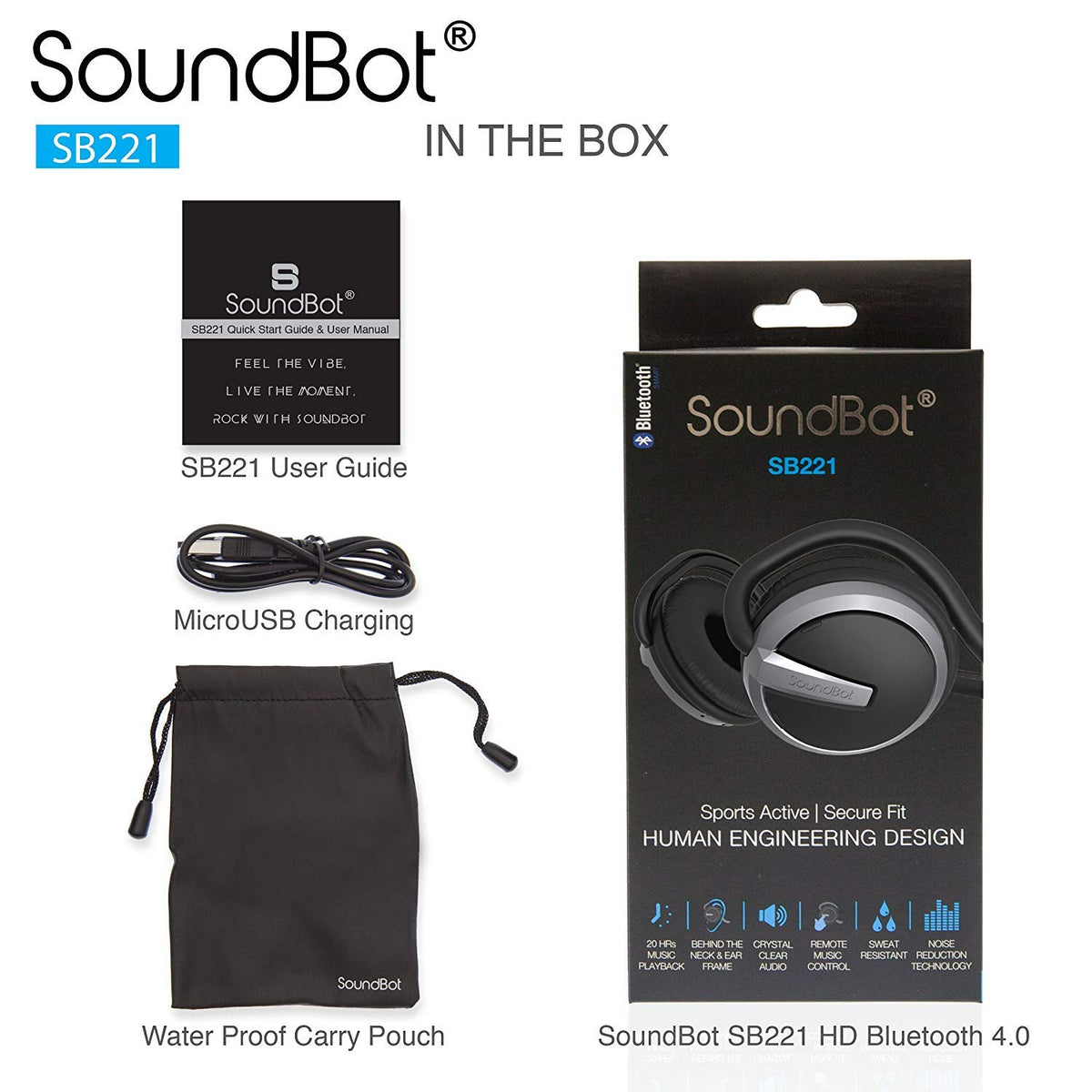 Soundbot SB221 near water drops showing sweat-resistant finish benefit