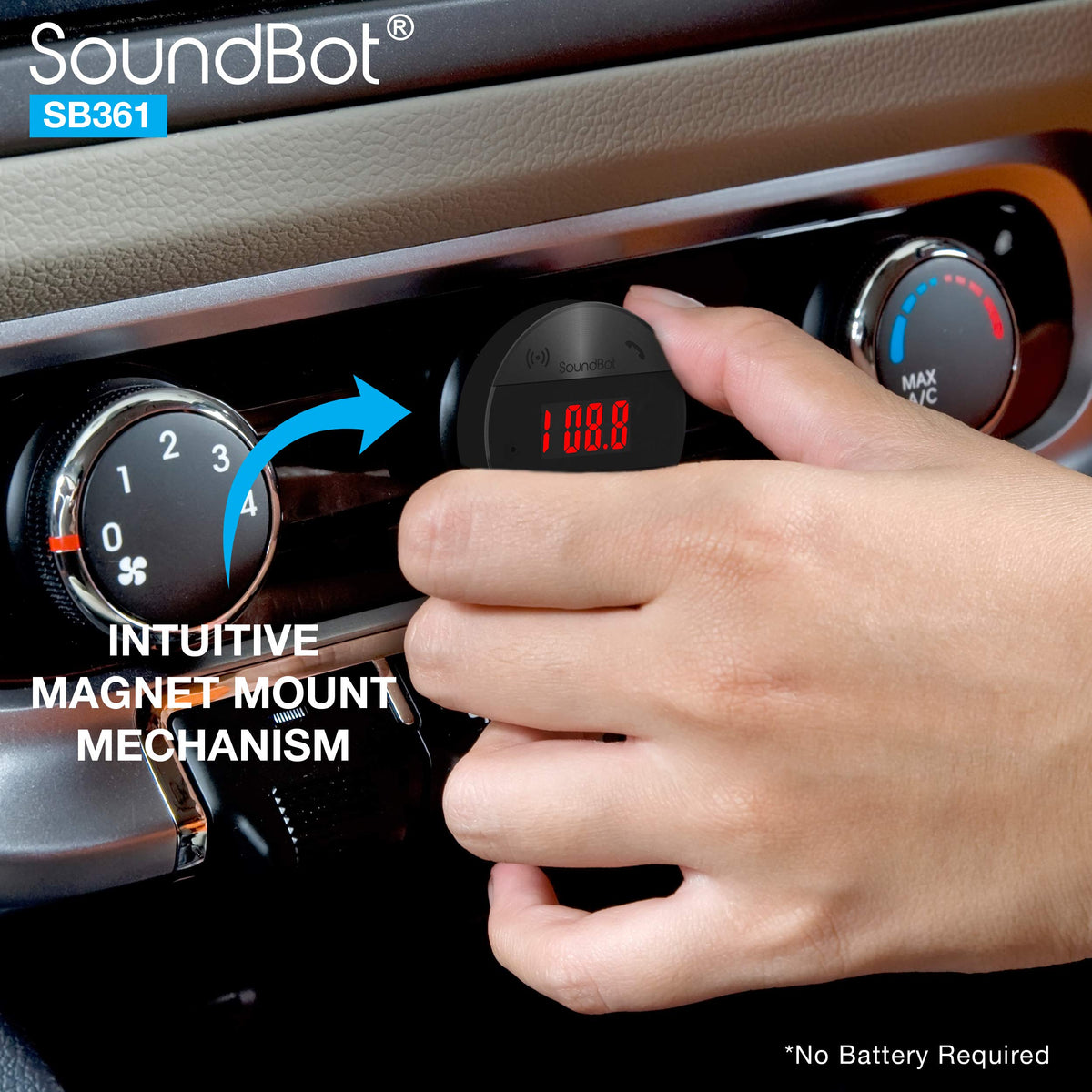 SoundBot SB361 mounted on dashboard demonstrating hands-free convenience