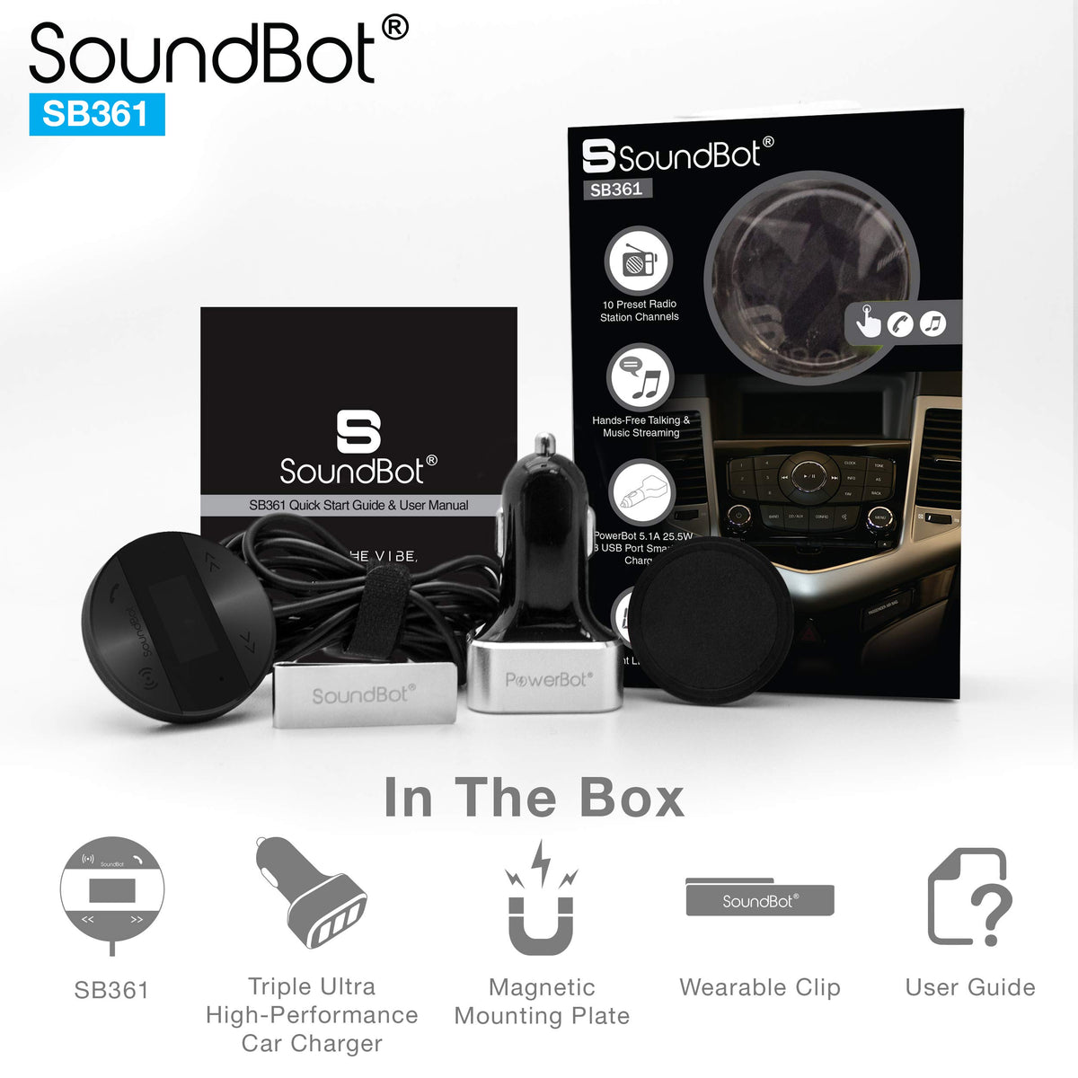 SoundBot SB361 packaging laid out to show included receiver and charger