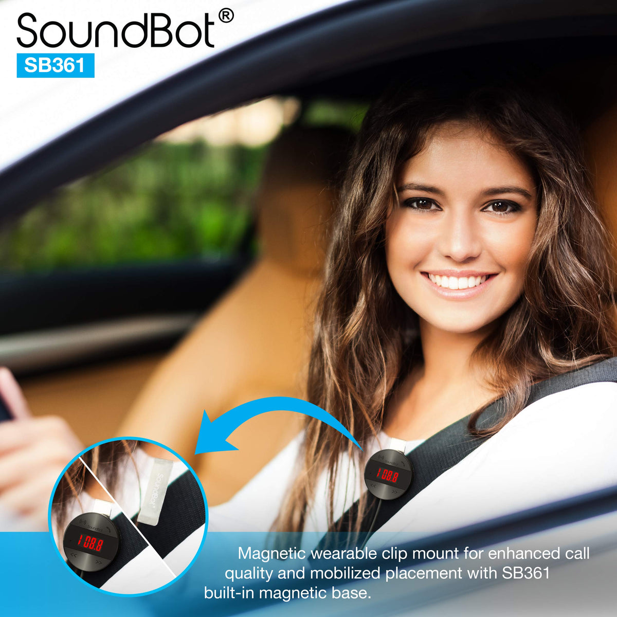 SoundBot SB361 beside smartphone to show compact size and portability