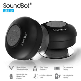 Soundbot SB510 mounted in shower showcasing water-resistant use and hands-free listening