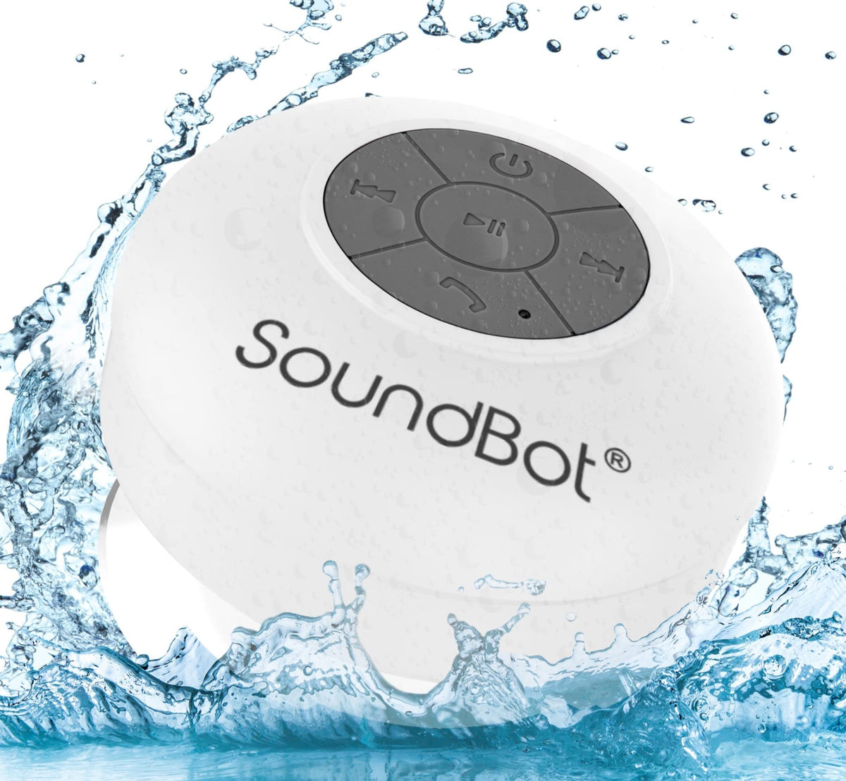 Soundbot SB510 waterproof shower speaker with suction cup for secure shower listening.