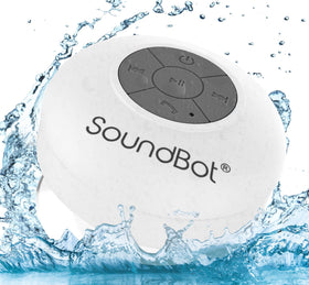 Soundbot SB510 waterproof shower speaker with suction cup for secure shower listening.
