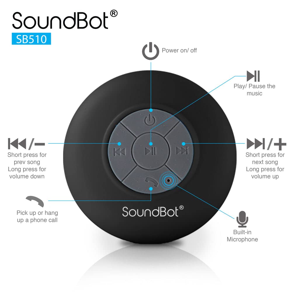 Soundbot SB510 next to smartphone indicating compact size and portable convenience