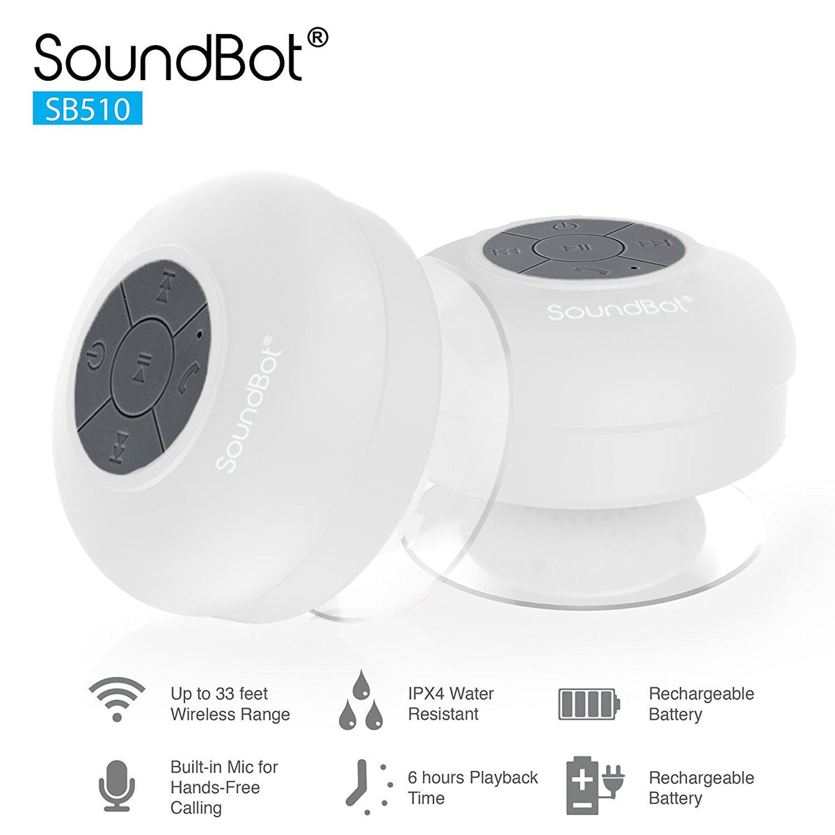 Soundbot SB510 suction cup attachment on glass or tile surfaces.